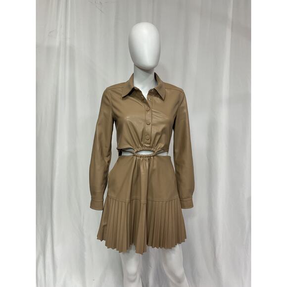 Simkhai 'Cindy' Tan Vegan Leather Pleated Mini Dress Size 2 - Picture 2 of 5